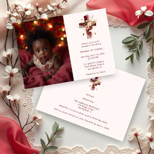 Adorable Burgundy Glitter Floral Cross Baptism Invitation