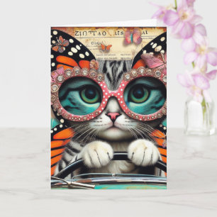 Adorable Butterfly Cat Fairy Driving All Occasions Card