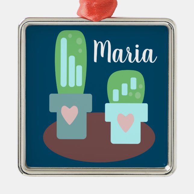 Adorable Cactus Heart Pots Christmas Present Metal Ornament (Front)