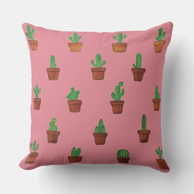 Adorable Cactus on Pink Decorative Pillow (Front)