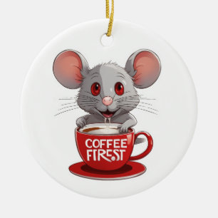 Adorable Caffeine Mouse in Red Mug Ceramic Ornament