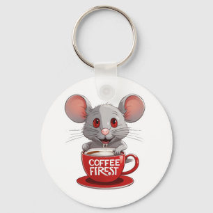 Adorable Caffeine Mouse in Red Mug Keychain