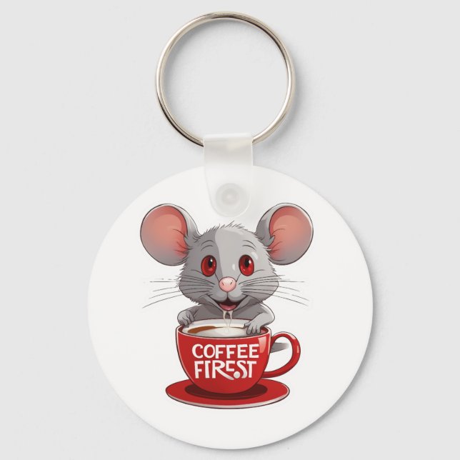 Adorable Caffeine Mouse in Red Mug Keychain (Front)