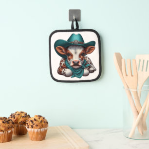 Adorable Calf in Cowboy Hat and Bandana Pot Holder