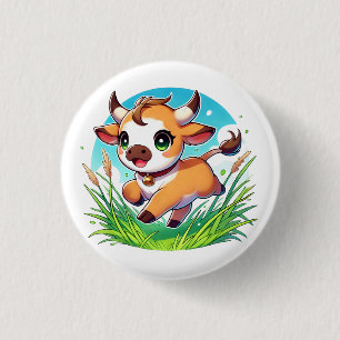 Adorable calf joyfully running through a field 1 inch round button