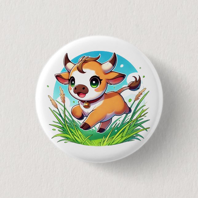 Adorable calf joyfully running through a field 1 inch round button (Front)