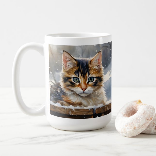 Adorable Calico Cat in the Snow Coffee Mug (With Donut)