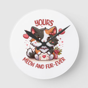 Adorable Calico Cat Valentine's Day Round Clock