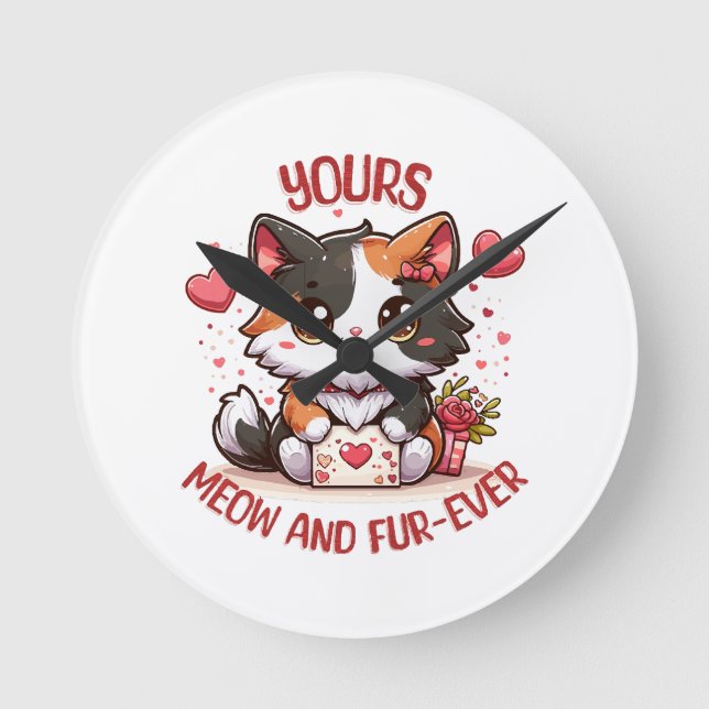 Adorable Calico Cat Valentine's Day  Round Clock (Front)