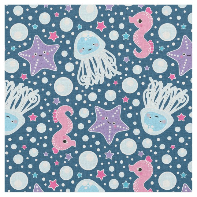 Adorable Cartoon Aquatic Pattern | Blue & Pink Fabric (Close Up)