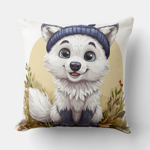 Adorable Cartoon Arctic Fox with Blue Hat Throw Pillow