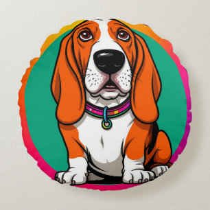 Adorable Cartoon Basset Puppy Round Pillow