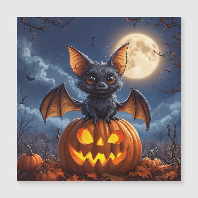 Adorable Cartoon Bat Perched on Jack-o'-Lantern (Front)