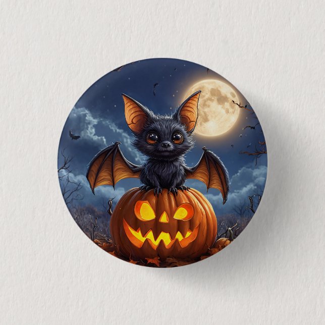 Adorable Cartoon Bat Perched on Jack-o'-Lantern 1 Inch Round Button (Front)