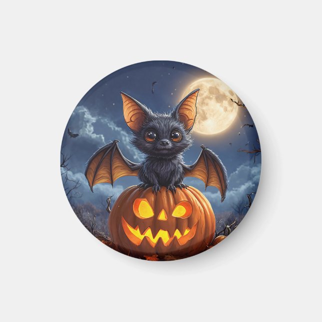 Adorable Cartoon Bat Perched on Jack-o'-Lantern Magnet (Front)