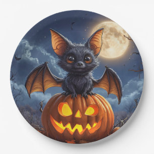 Adorable Cartoon Bat Perched on Jack-o'-Lantern Paper Plate
