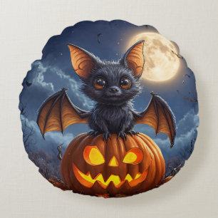 Adorable Cartoon Bat Perched on Jack-o'-Lantern Round Pillow