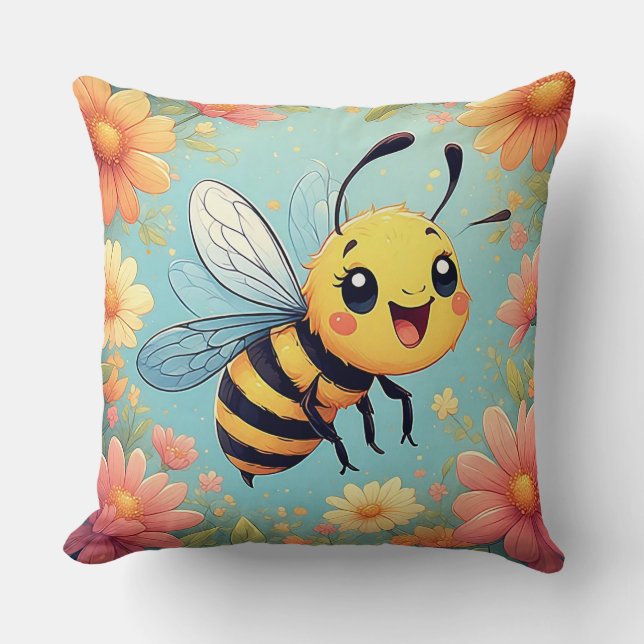 Adorable Cartoon Bee Buzzing Cheerfully Throw Pillow (Front)