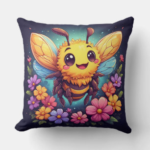 Adorable Cartoon Bee Surrounded by Vibrant Flowers Throw Pillow