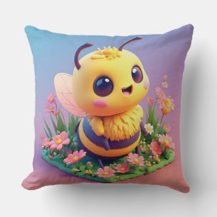 Adorable Cartoon Bee Surrounded by Vibrant Flowers Throw Pillow