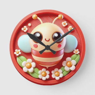 Adorable Cartoon Bee With Flowers Decorated Round Clock