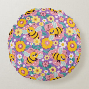 Adorable Cartoon Bees and Flowers Round Pillow