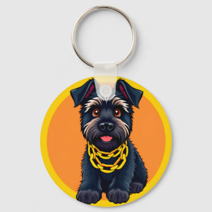 Adorable Cartoon Black Dog Wearing a Gold Chain Keychain