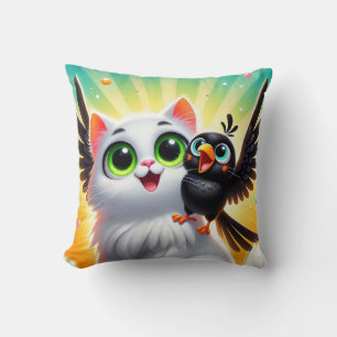 Adorable Cartoon Cat and Bird Throw Pillow
