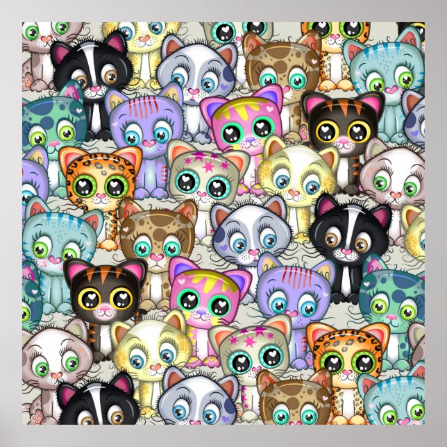 Adorable Cartoon Cat and Kitten Gang Poster (Front)