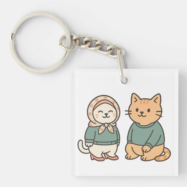 "Adorable Cartoon Cat Couple in Cozy Outfits" Keychain (Front)