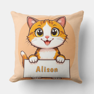 Adorable Cartoon Cat Holding a Blank Sign Throw Pillow