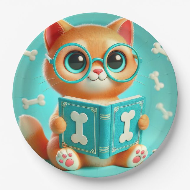 Adorable Cartoon Cat Reading a Book Paper Plate (Front)