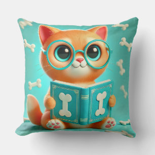Adorable Cartoon Cat Reading a Book Throw Pillow