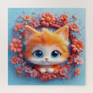 Adorable Cartoon Cat Surrounded by Colourful Flowe Jigsaw Puzzle