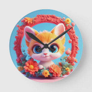 Adorable Cartoon Cat Surrounded by Colourful Flowe Round Clock