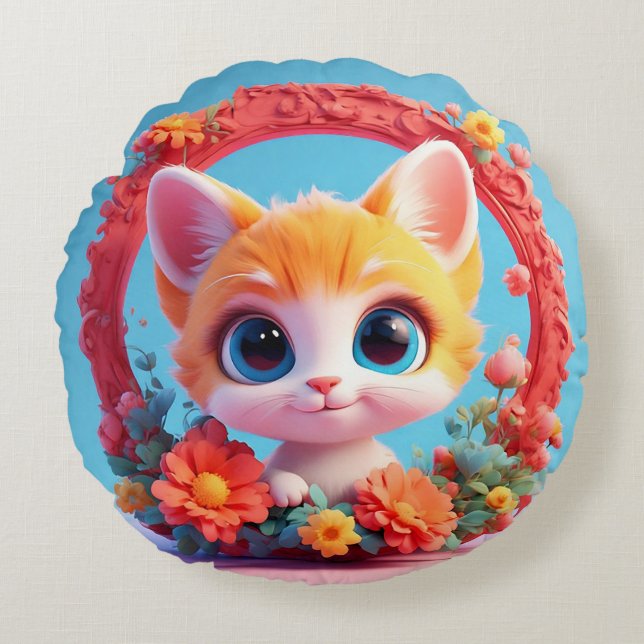 Adorable Cartoon Cat Surrounded by Colourful Flowe Round Pillow (Front)