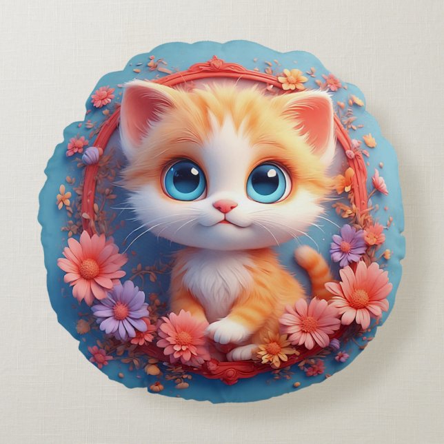 Adorable Cartoon Cat Surrounded by Colourful Flowe Round Pillow (Front)