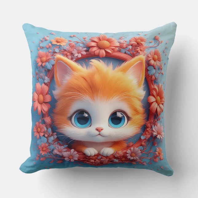 Adorable Cartoon Cat Surrounded by Colourful Flowe Throw Pillow (Front)