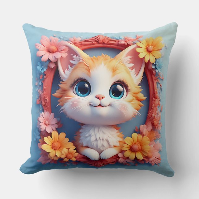 Adorable Cartoon Cat Surrounded by Colourful Flowe Throw Pillow (Front)