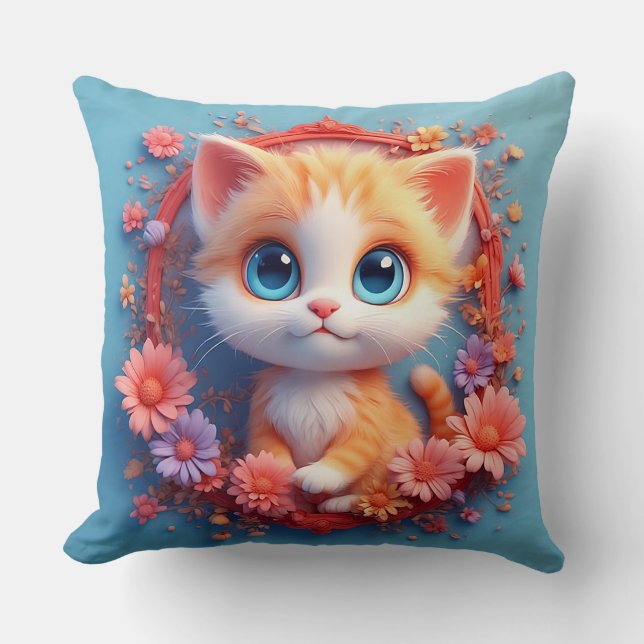 Adorable Cartoon Cat Surrounded by Colourful Flowe Throw Pillow (Front)