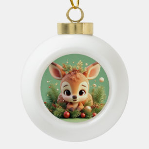 Adorable Cartoon Deer in a Festive Christmas Ceramic Ball Christmas Ornament