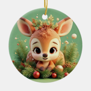 Adorable Cartoon Deer in a Festive Christmas Ceramic Ornament