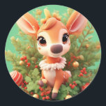 Adorable Cartoon Deer in a Festive Christmas Classic Round Sticker<br><div class="desc">Cute cartoon deer surrounded by Christmas tree branches,  baubles,  and festive decorations,  creating a cheerful atmosphere perfect for seasonal designs,  holiday cards,  or cheerful illustrations.</div>