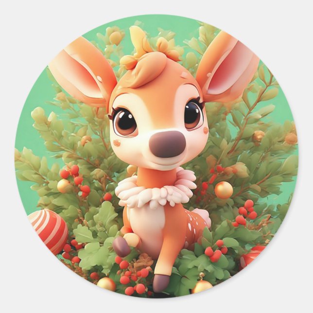 Adorable Cartoon Deer in a Festive Christmas Classic Round Sticker (Front)