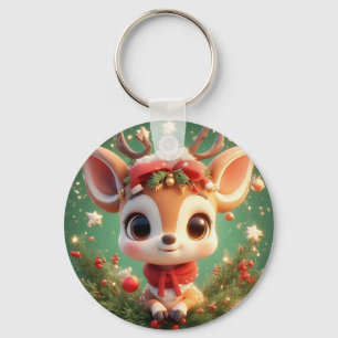 Adorable Cartoon Deer in a Festive Christmas Keychain