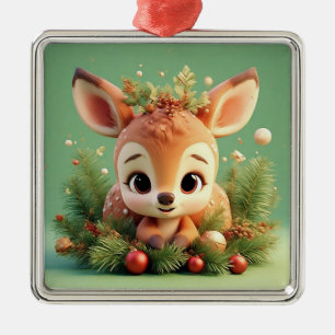 Adorable Cartoon Deer in a Festive Christmas Metal Ornament