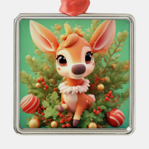 Adorable Cartoon Deer in a Festive Christmas Metal Ornament