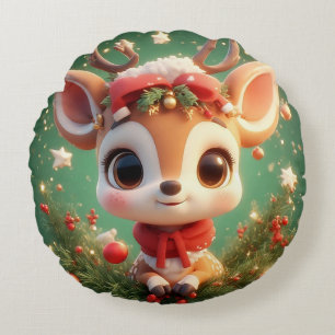 Adorable Cartoon Deer in a Festive Christmas Round Pillow