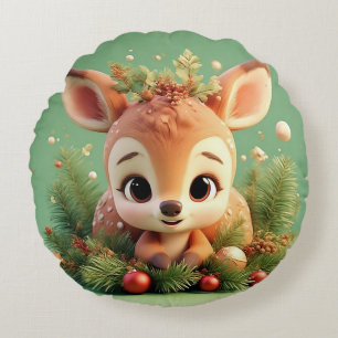 Adorable Cartoon Deer in a Festive Christmas Round Pillow