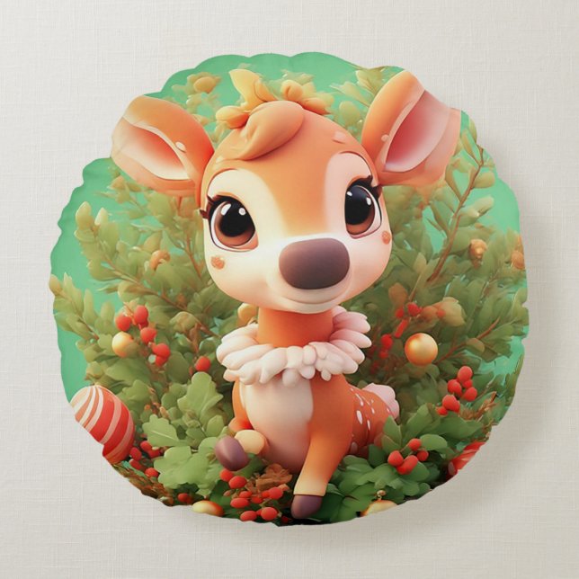 Adorable Cartoon Deer in a Festive Christmas Round Pillow (Front)